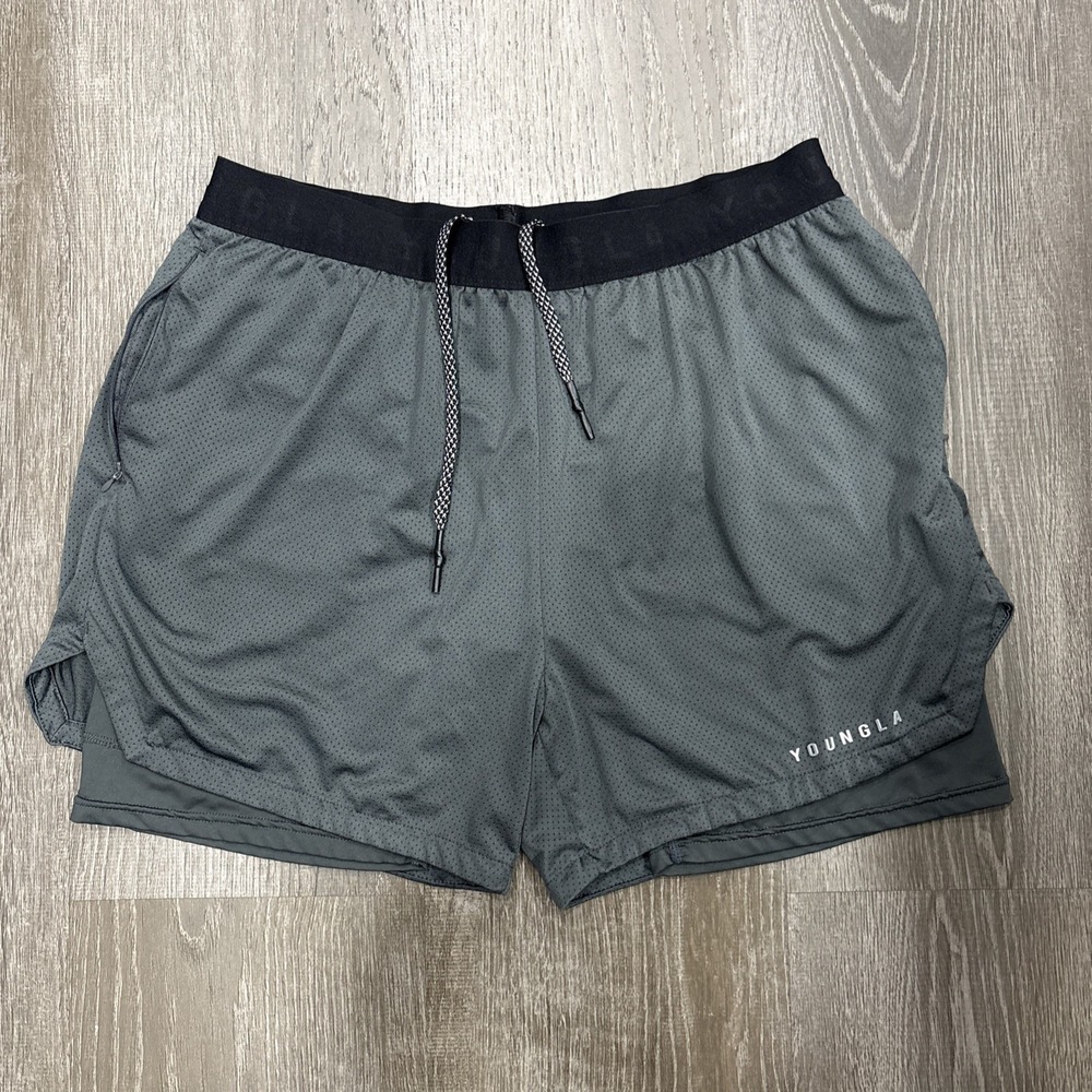 Young LA Men's Sz XXL Gray Zip Pocket 2-in-1 Lined Activewear Mesh Shorts 4"